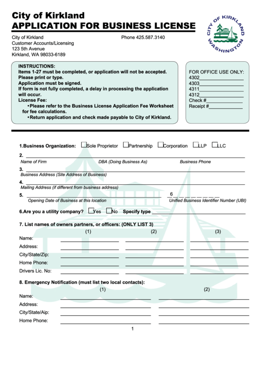 Application For Business License - State Of Washington Printable pdf