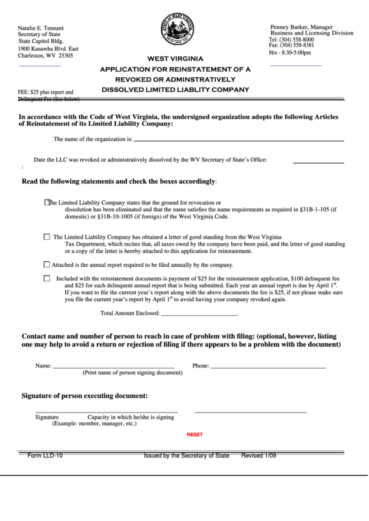 Form Lld-10 - Application For Reinstatement Of A Revoked Or Adminstratively Dissolved Limited Liablity Company January 2009 Printable pdf