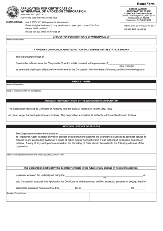 Fillable State Form 39077 - Application For Certificate Of Withdrawal Of A Foreign Corporation - 2012 Printable pdf