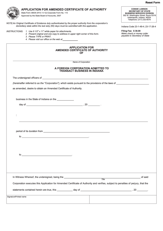 Fillable State Form 39077 - Application For Amended Certificate Of Authority Printable pdf