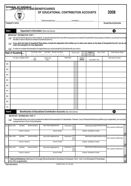 Schedule A1 Individual - Dependents And Beneficiaries Of Educational Contribution Accounts - 2008 Printable pdf