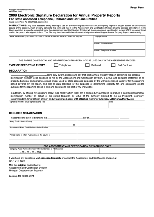 Fillable Form 4435 - Electronic Signature Declaration For Annual Property Reports For State Assessed Telephone, Railroad And Car Line Entities - 2008 Printable pdf