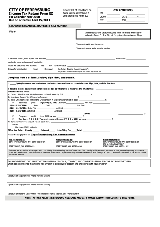 Fillable Form Ez - Income Tax Return - City Of Perrysburg - 2010 ...