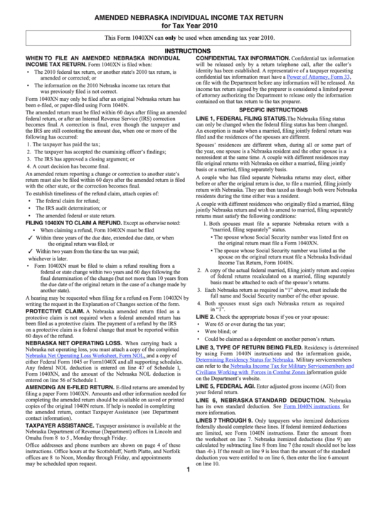 Form 1040ns - Amended Nebraska Individual Income Tax Return - 2010 Printable pdf
