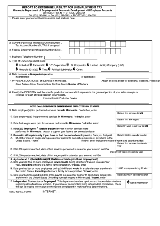 Form Deed-13 - Report To Determine Liability For Unemployment Tax Printable pdf