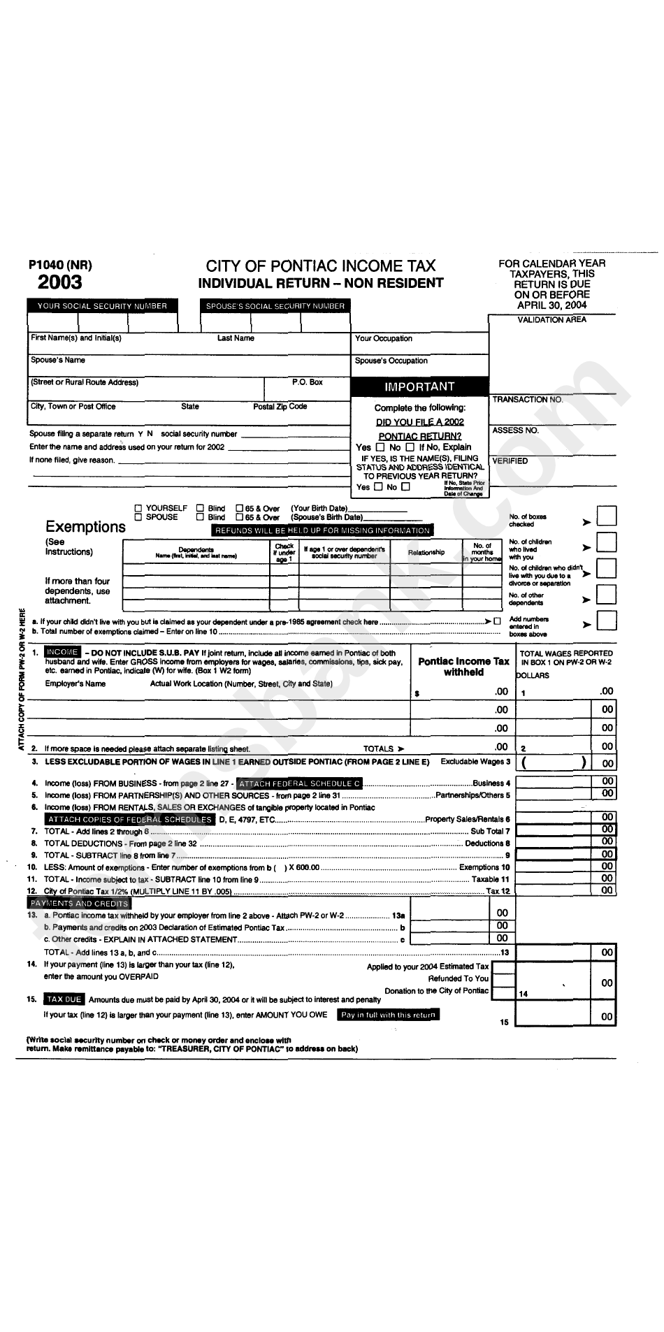 Form P1040 (Nr) - Individual Return - Non Resident 2003 - City Of Pontiac Income Tax