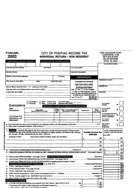 Form P1040 (Nr) - Individual Return - Non Resident 2003 - City Of Pontiac Income Tax Printable pdf