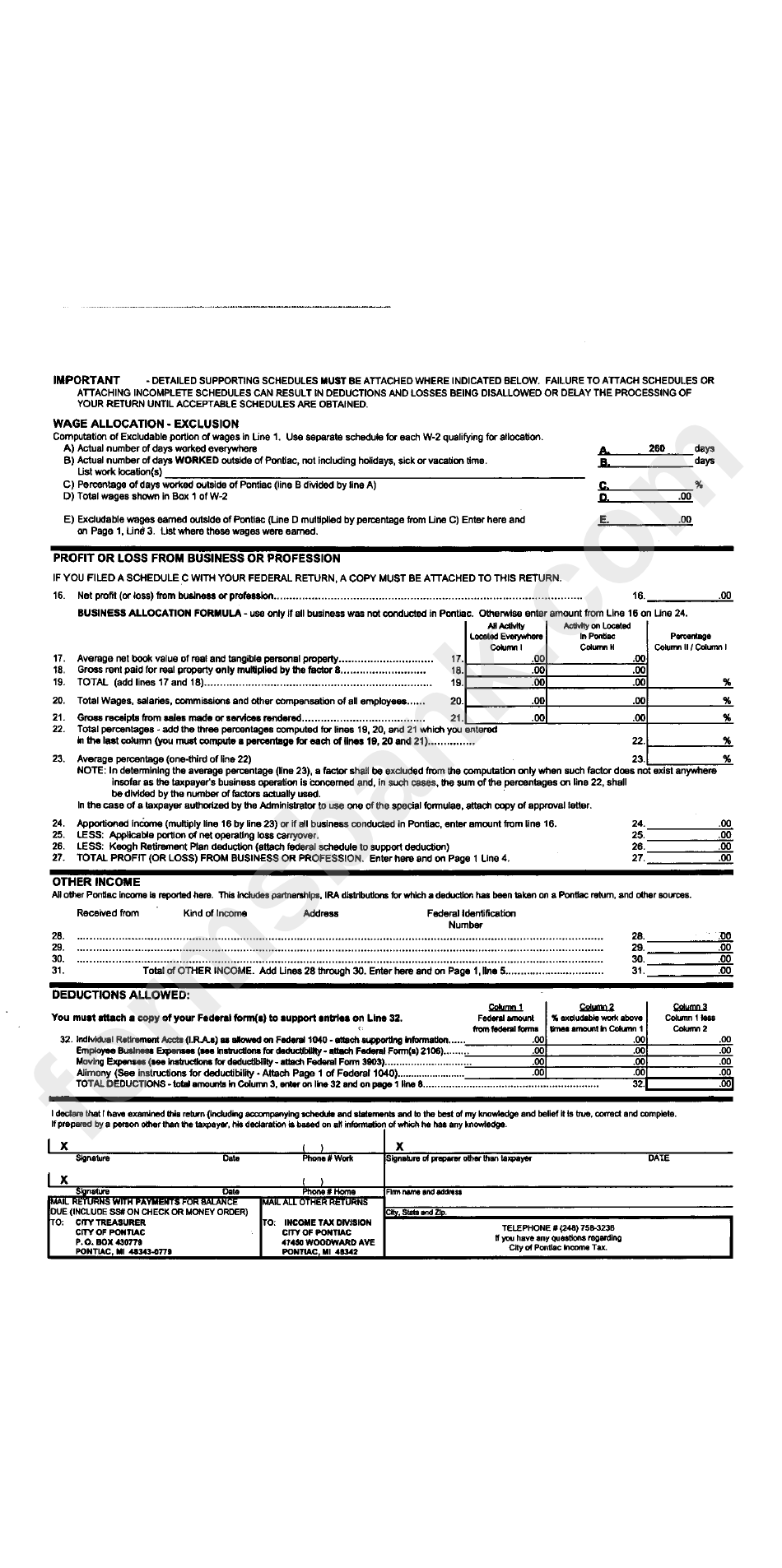 Form P1040 (Nr) - Individual Return - Non Resident 2003 - City Of Pontiac Income Tax