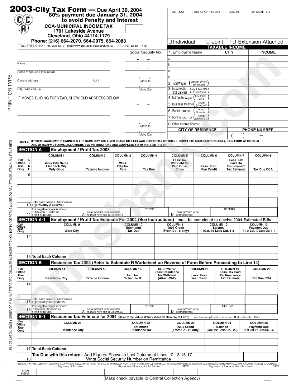 Cca-Municipal Income Tax Form 2003 - Cleveland, Ohio