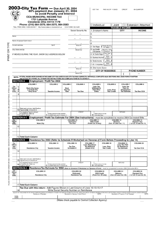 Cca-Municipal Income Tax Form 2003 - Cleveland, Ohio Printable pdf