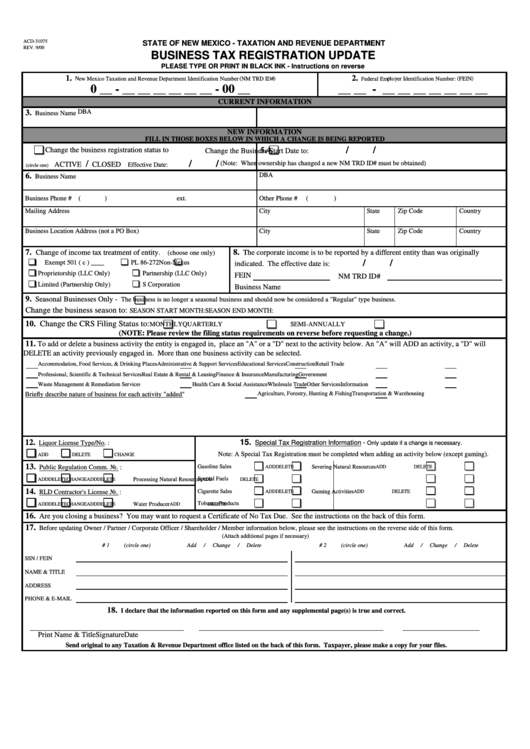 New Mexico Taxation And Revenue Department Business Tax Registration Update Form Printable pdf
