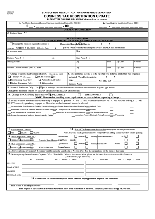 New Mexico Taxation And Revenue Department Business Tax Registration Update Form Printable Pdf