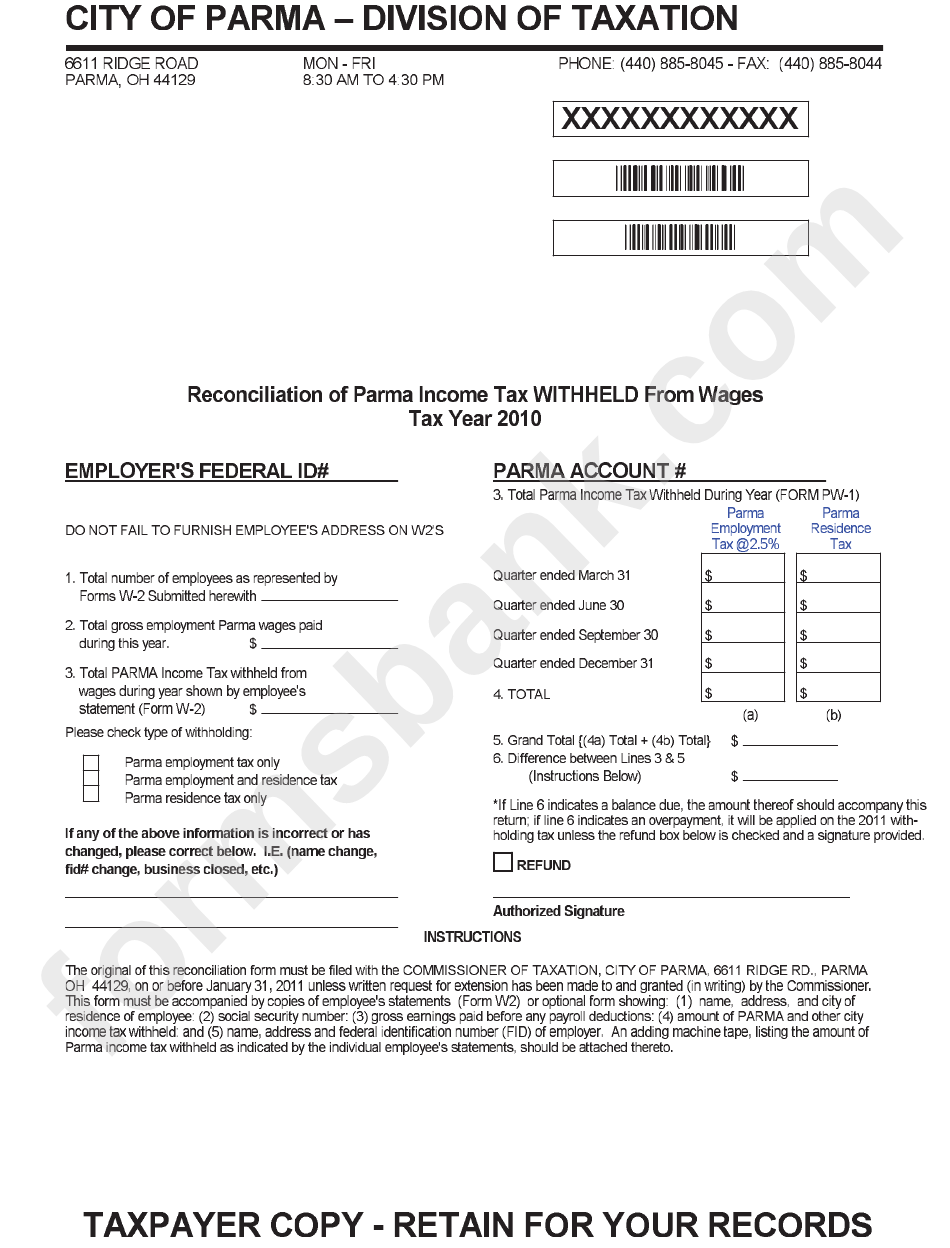 Reconciliation Of Parma Income Tax Withheld From Wages Form - City Of Parma - 2010