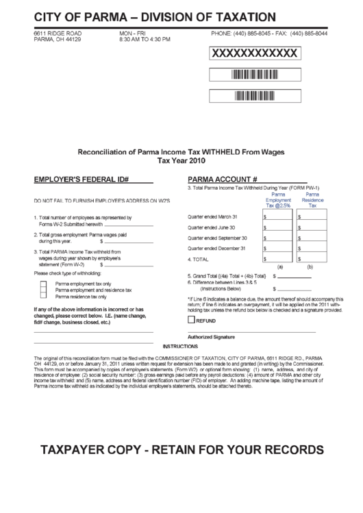 Reconciliation Of Parma Income Tax Withheld From Wages Form - City Of Parma - 2010 Printable pdf