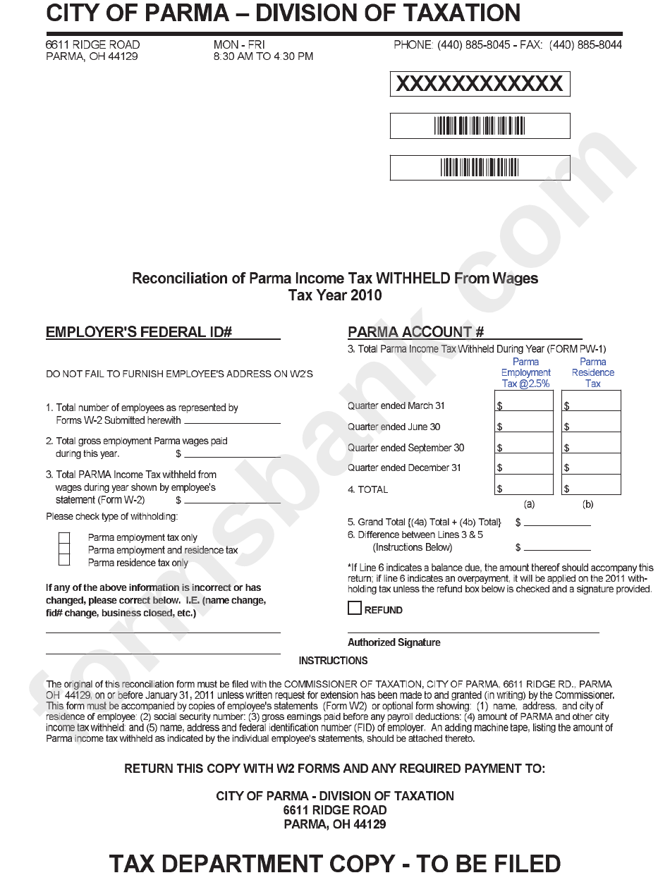 Reconciliation Of Parma Income Tax Withheld From Wages Form - City Of Parma - 2010