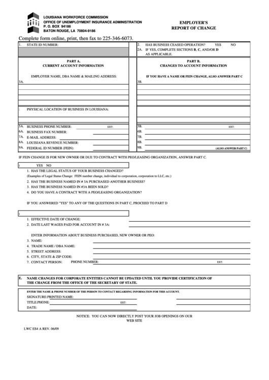Fillable Form Lwc Es4 A - Employer&#39;S Report Of Change printable pdf download
