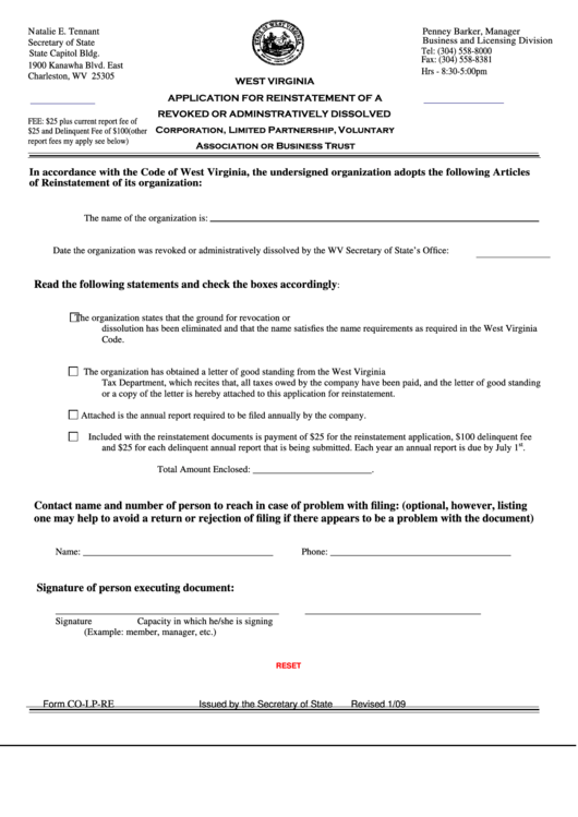 Form Co-Lp-Re - Application For Reinstatement Of A Revoked Or Adminstratively Dissolved(2009) Printable pdf