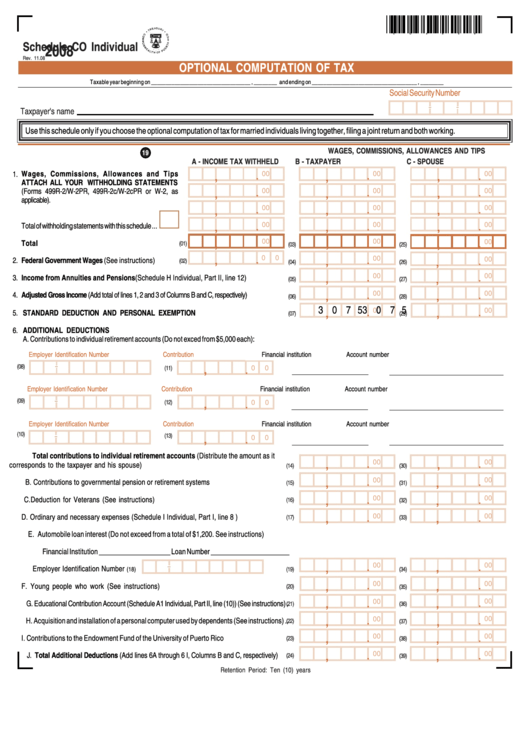 Schedule Co Individual - Optional Computation Of Tax Form -2008 Printable pdf