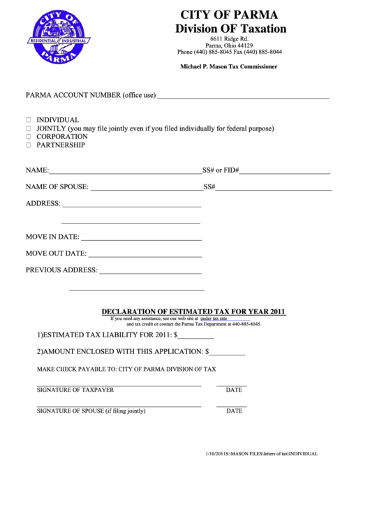 Declaration Of Estimated Tax Form - City Of Parma - 2011 Printable pdf