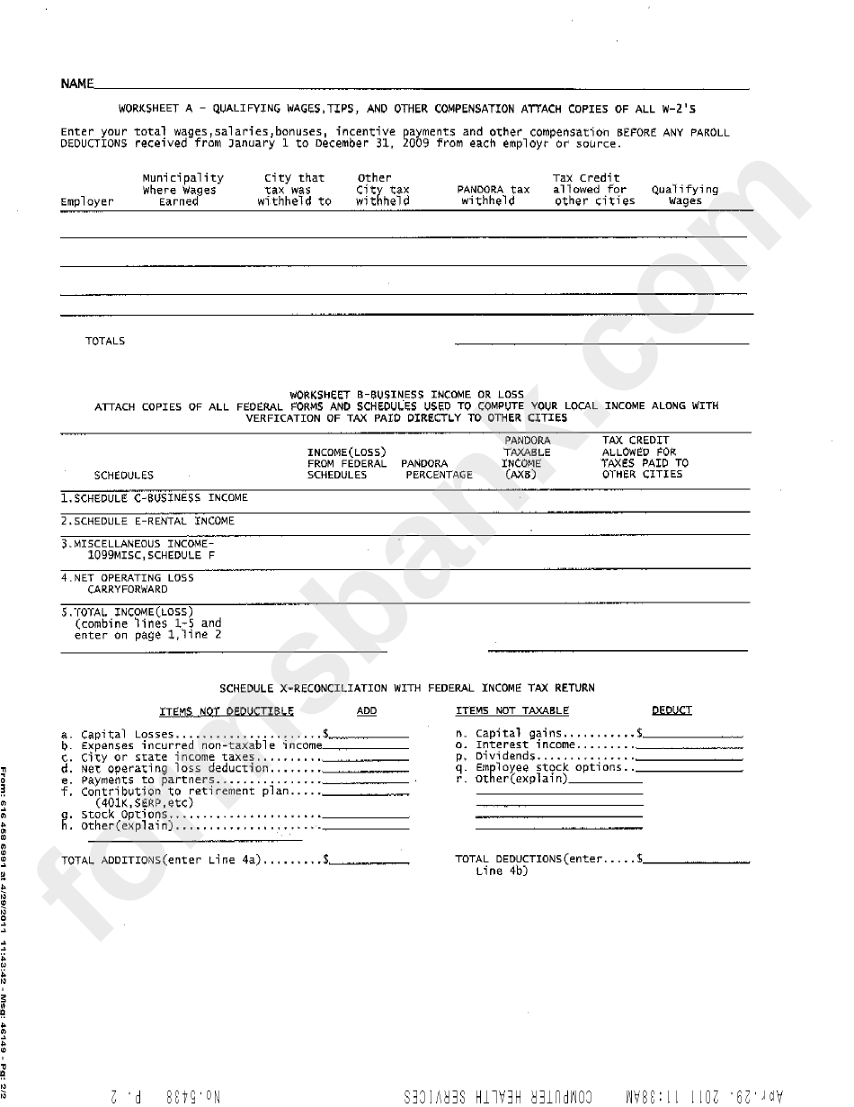 Income Tax Return Form - City Of Pandora - 2010