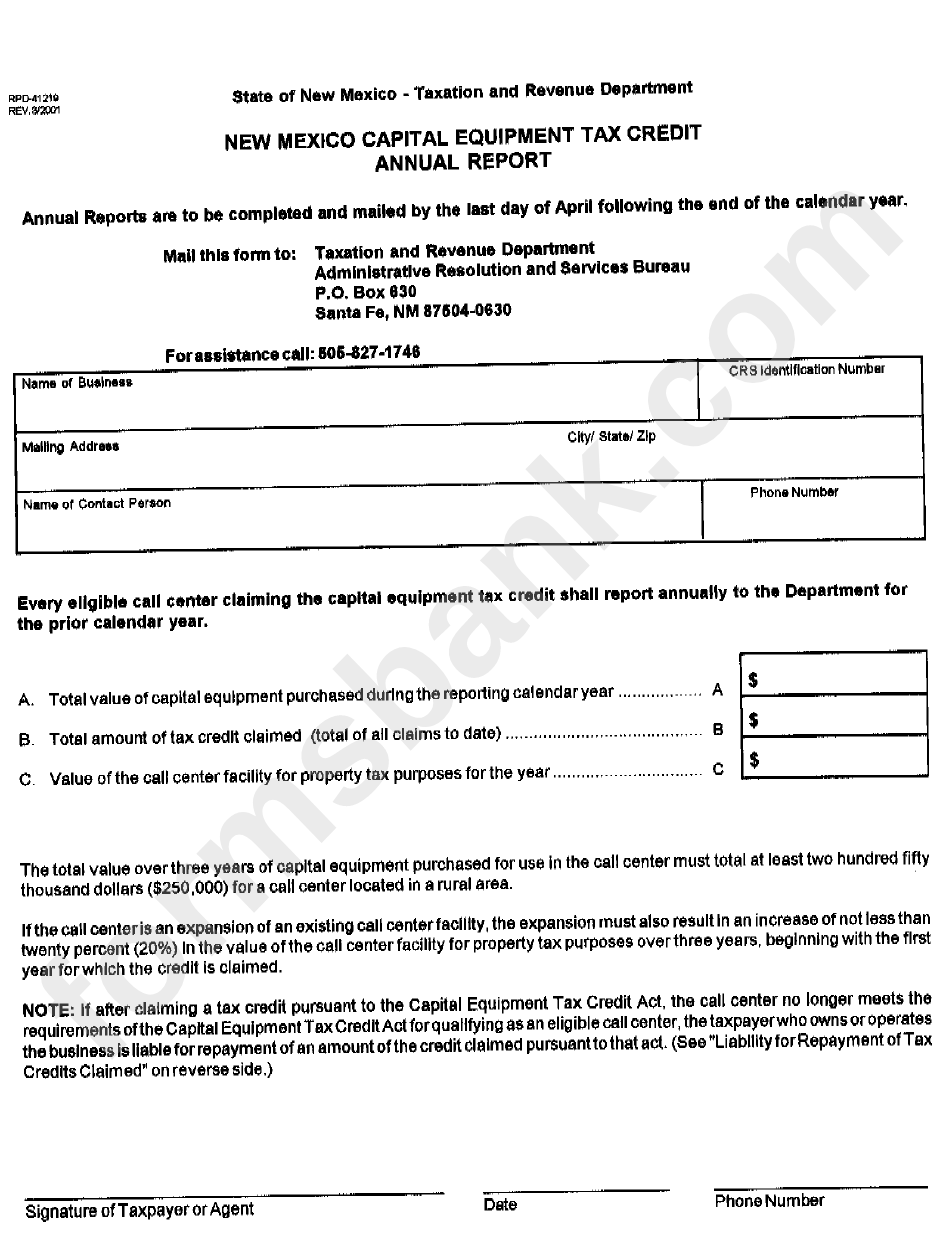 Form Rpd-41219 - Capital Equipment Tax Credit Annual Report - New Mexico Taxation And Revenue Department