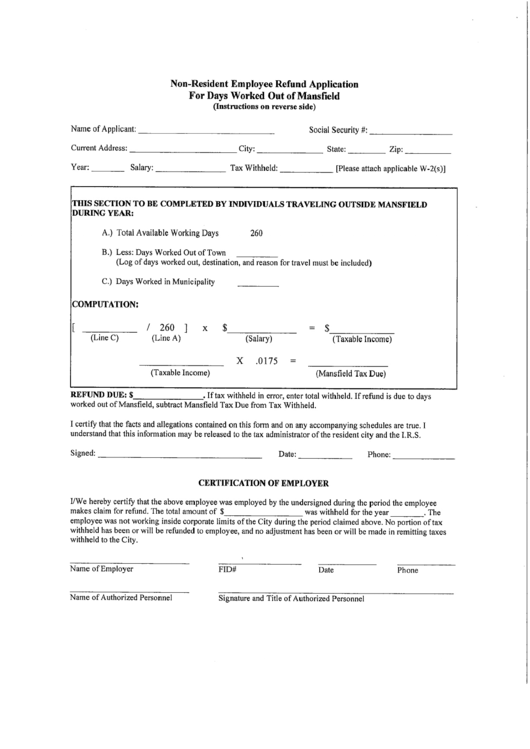 Non-Resident Employee Refund Application For Days Worked Out Of Mansfield Printable pdf