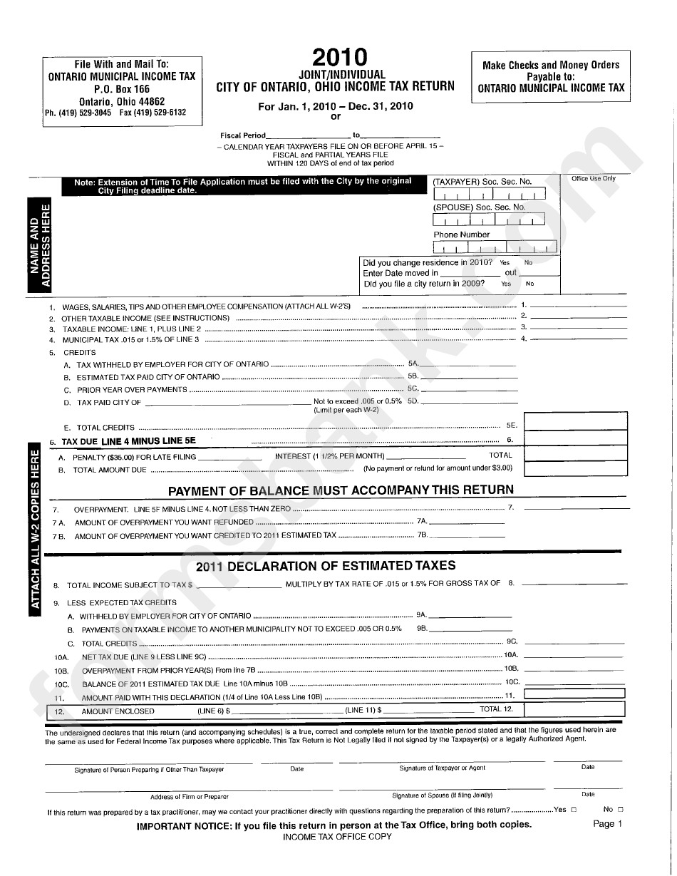 Income Tax Return Form - City Of Ontario - 2010