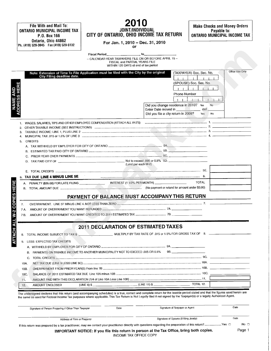 Income Tax Return Form City Of Ontario 2010 Printable Pdf Download