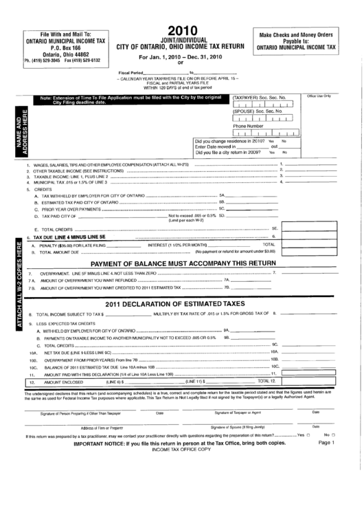 Income Tax Return Form - City Of Ontario - 2010 Printable pdf