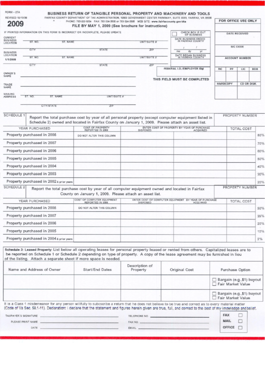 Form-2ta - Business Return Of Tangible Personal Property And Machinery And Tools - Virginia - 2009 Printable pdf