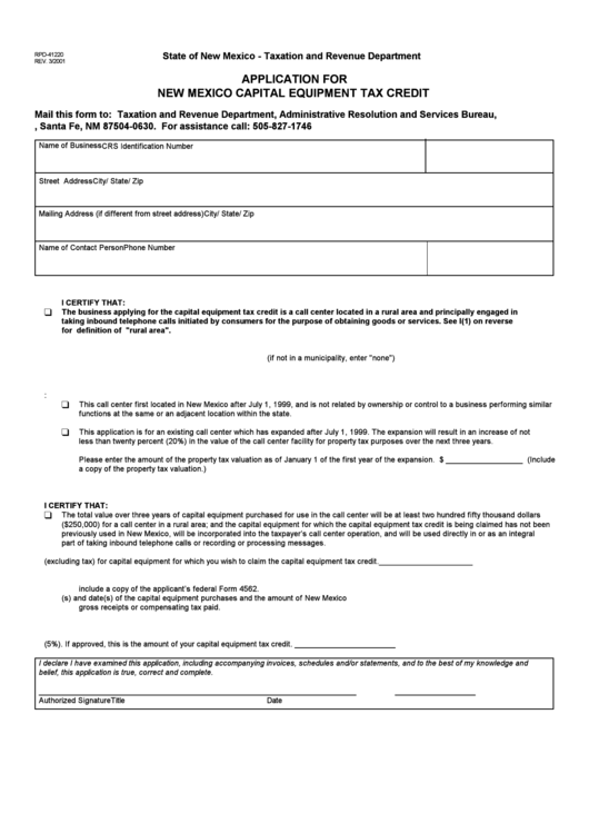 Form Rpd-41220 - Application For Capital Equipment Tax Credit - 2001 Printable pdf