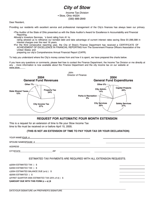 Request For Automatic Four Month Extension Form - City Of Stow, Ohio Income Tax Division Printable pdf