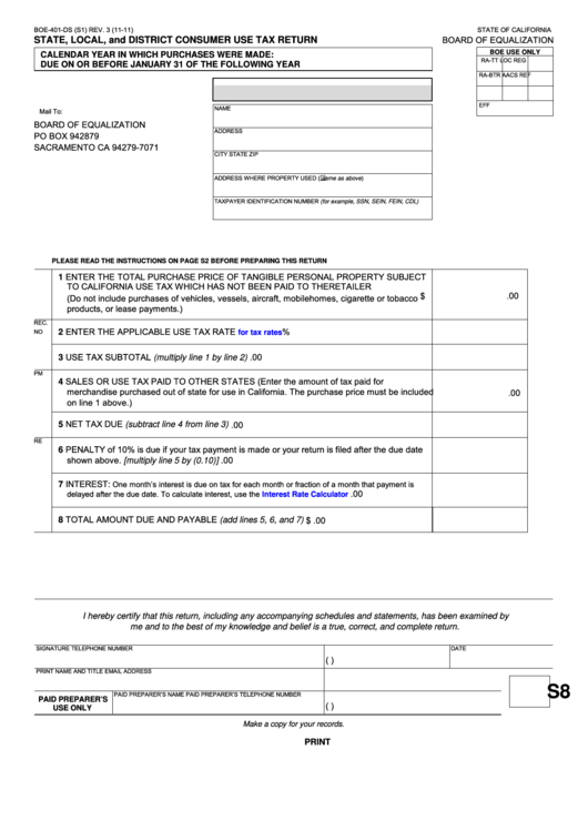 Fillable Form Boe-401-Ds - State, Local, And District Consumer Use Tax Return - California Board Of Equalization Printable pdf