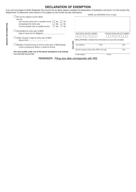 Declaration Of Exemption - North Ridgeville City Income Tax Department - 2010 Printable pdf
