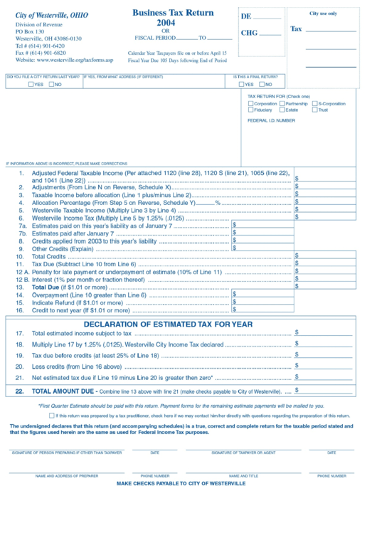 Business Tax Return Form 2004 City Of Westerville, Ohio printable pdf