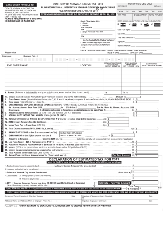 Form Ncty-1040 - Declaration Of Estimated Tax - City Of Norwalk - 2010 Printable pdf