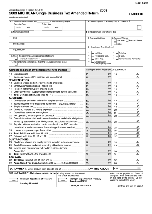 Fillable Form C-8000x - Single Business Tax Amended Return - 2003 Printable pdf