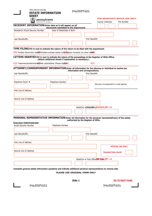 Fillable Form 3460009101 - Estate Information Sheet-Pennsylvania Department Of Revenue Printable pdf