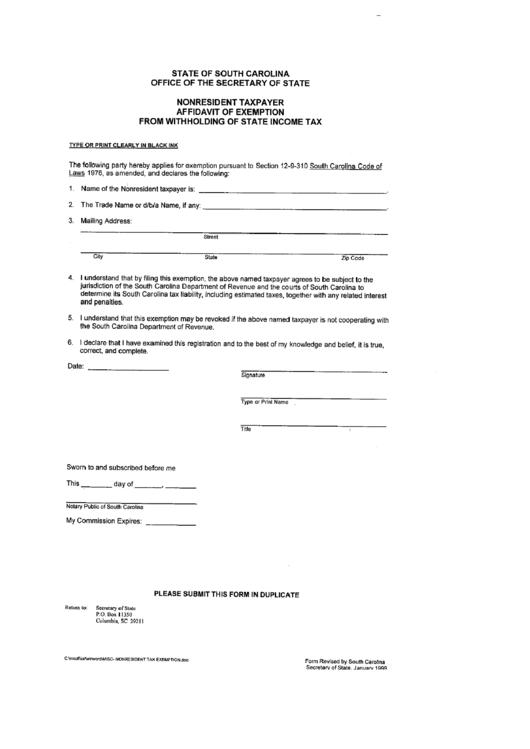 Nonresident Taxpayer Affidavit Of Exemption From Withholding Of State Income Tax - State Of South Carolina Printable pdf
