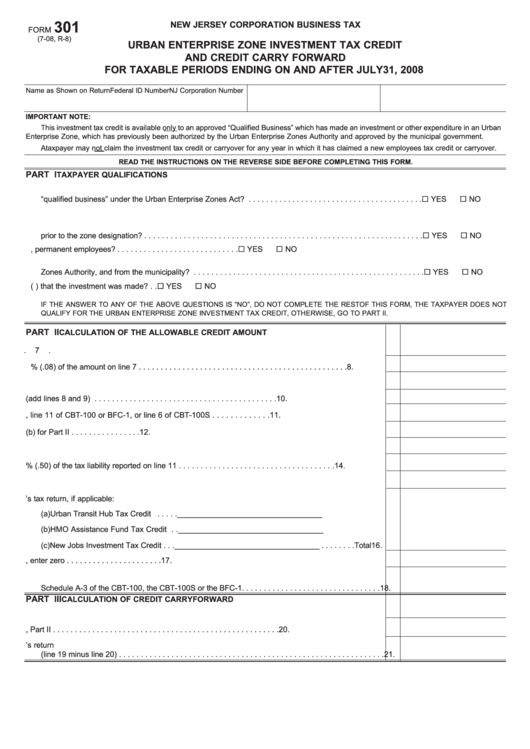 Fillable Form 301 - Urban Enterprise Zone Investment Tax Credit And Credit Carry Forward - 2008 Printable pdf