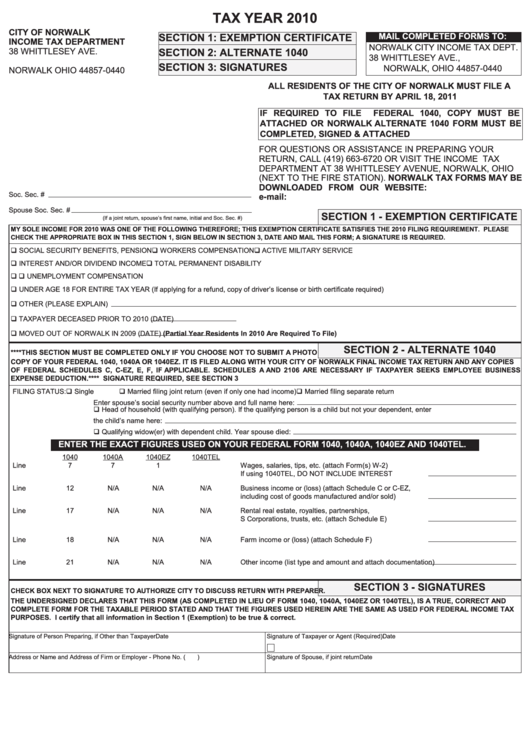 Exemption Certificate/alternate 1040/signatures - City Of Norwalk - 2010 Printable pdf