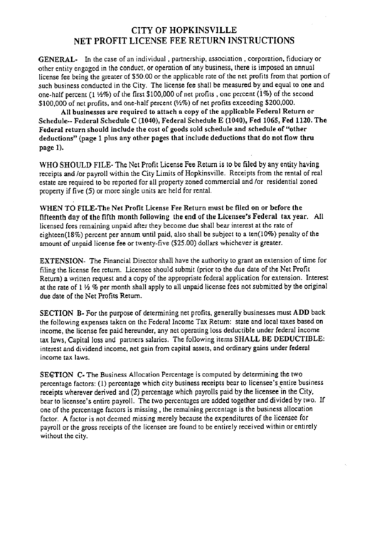 Net Profit License Fee Return Instructions - City Of Hopkinsville - 2005 Printable pdf