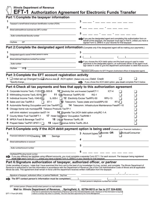 Form Eft-1 - Authorization Agreement For Electronic Funds Transfer - 2003 Printable pdf