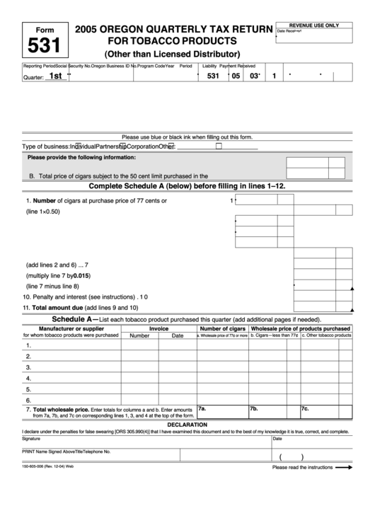 Fillable Form 531 - Oregon Quarterly Tax Return For Tobacco Products - 2005 Printable pdf