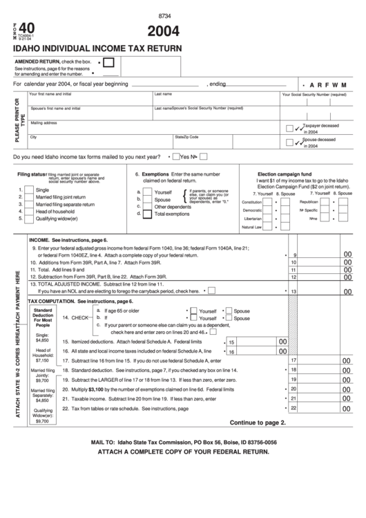 Fillable Form 40 - 2004 Idaho Individual Income Tax Return Printable pdf