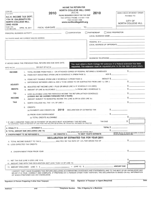 Form Br - Income Tax Return - North College Hill Ohio - 2010 Printable pdf