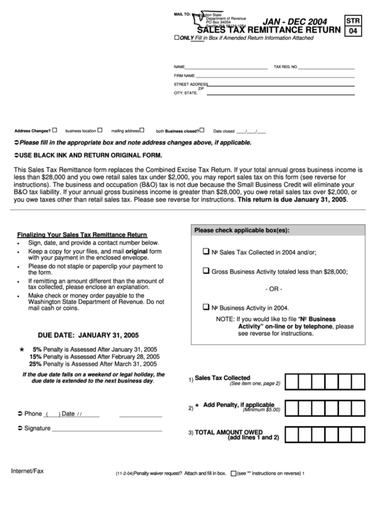 Form Str 04 - 2004 Sales Tax Remittance Return Printable pdf