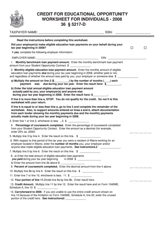 Credit For Educational Opportunity Worksheet For Individuals - 2008 Printable pdf