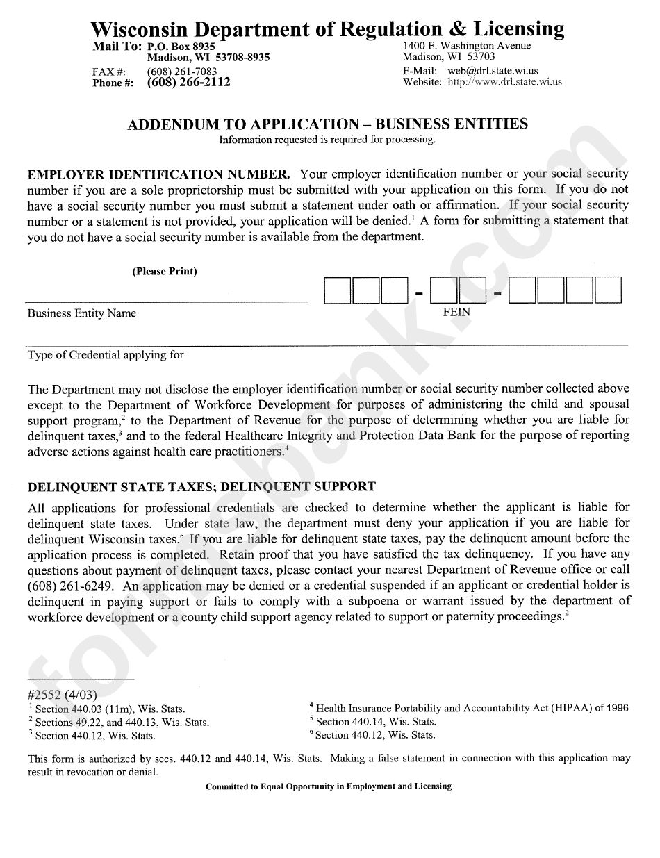 Addendum To Application Form - Business Entities - Wisconsin Department Of Regulation & Licensing
