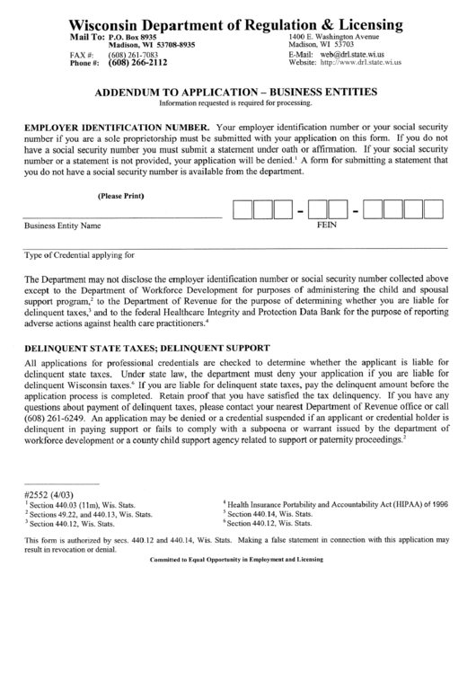 Addendum To Application Form - Business Entities - Wisconsin Department Of Regulation & Licensing Printable pdf